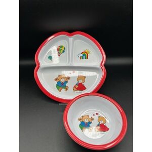VTG 2 Piece PecoWare Child's Divided Plate And Bowl Teddy Bears Rainbow